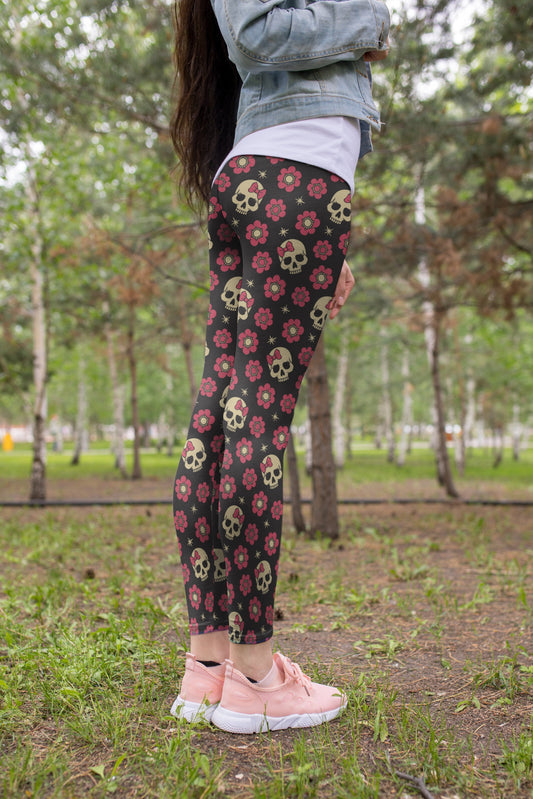 3D All Over Print Brown Skull and flower Legging-Apparel-Khanh Arts-Legging-S-Vibe Cosy™