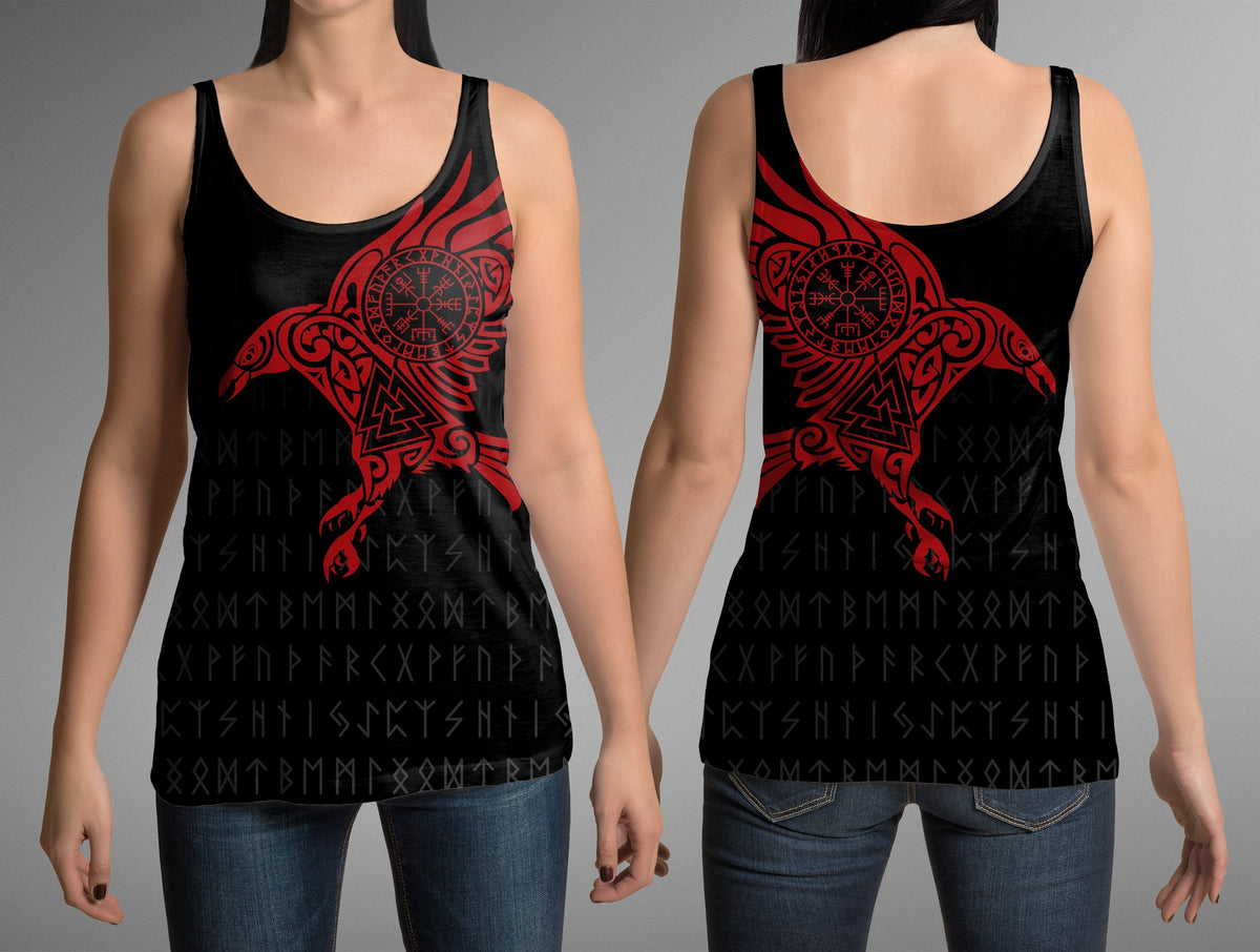 Vikings - The Raven of Odin Tattoo Red Hoodie-Apparel-HP Arts-Women's Tank Top-S-Vibe Cosy™