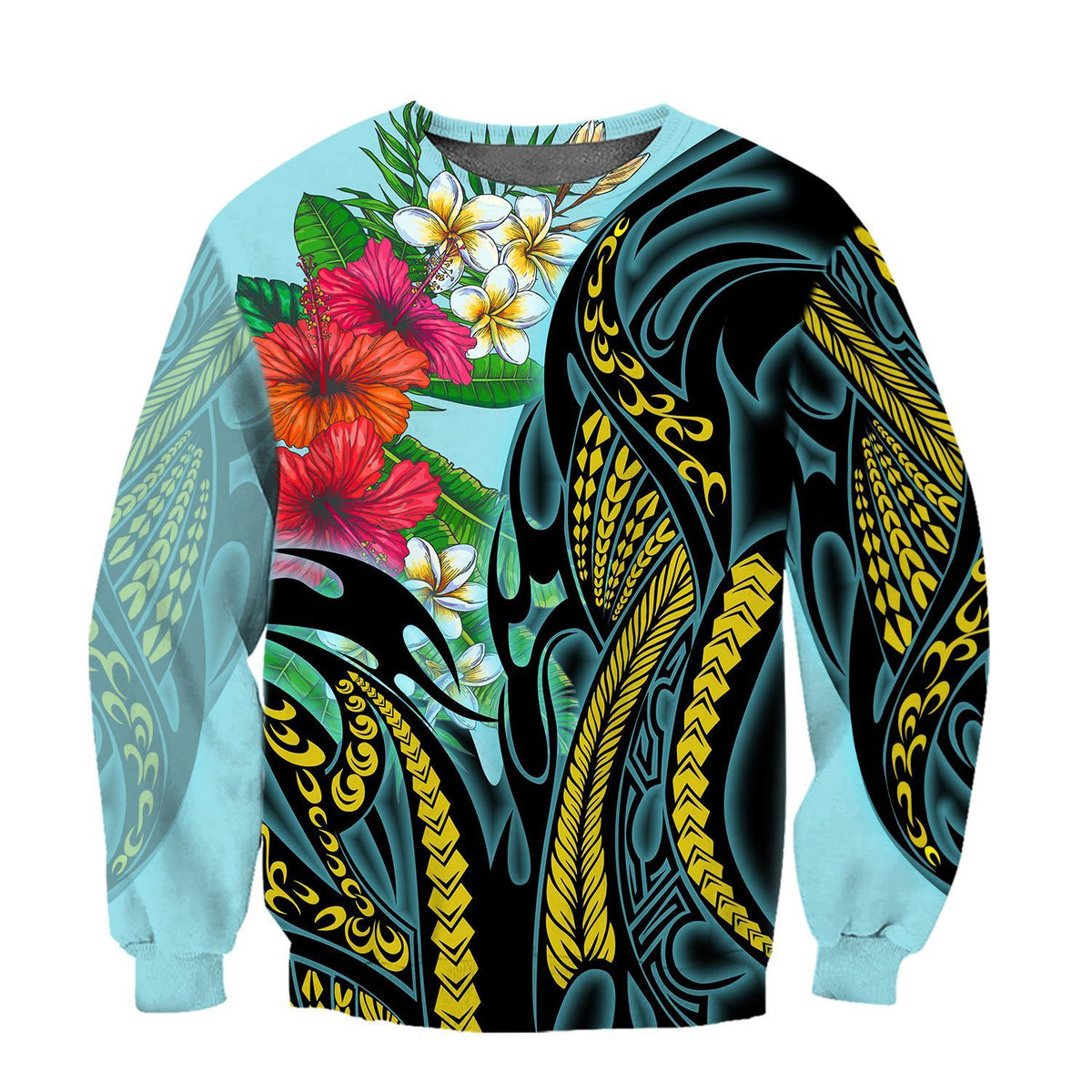 Amazing Polynesian Turquoise - Gold Tribal Pattern and Hisbiscus Plumeria Hoodie for Men and Women-ML