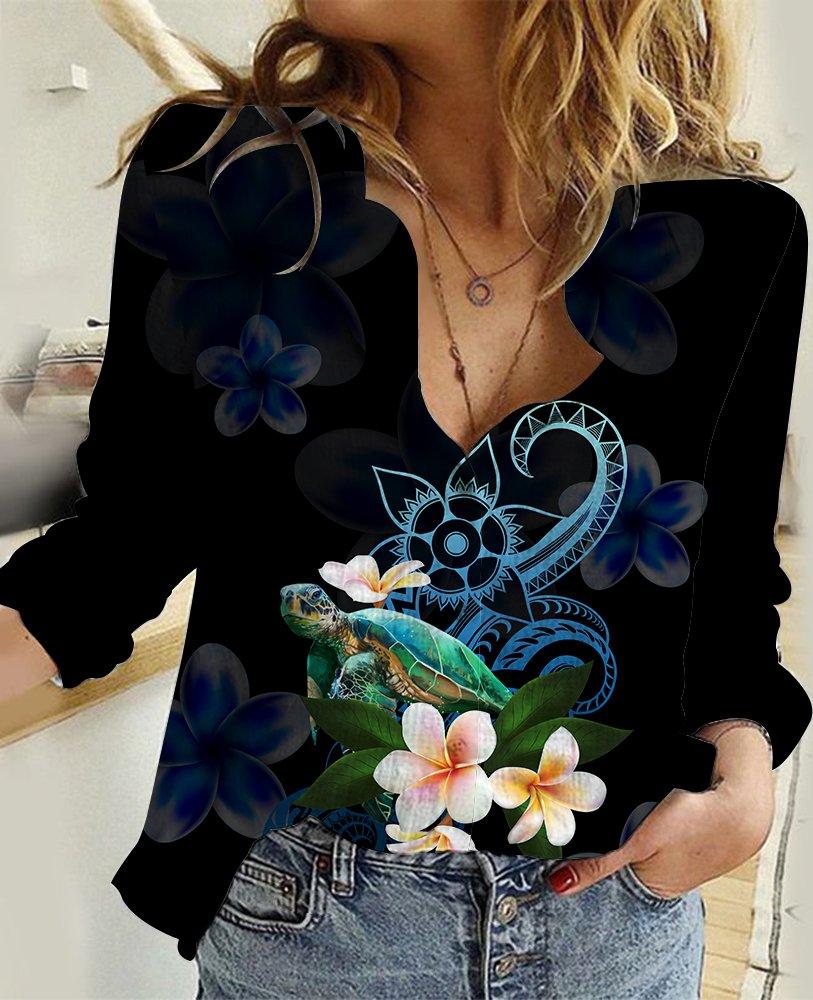 Amazing Polynesian Turtle With Plumeria Flowers Linen Shirt ML